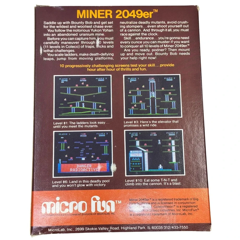 Micro Fun Miner 2049er ColecoVision Game Cartridge Starring Bounty Bob CIB Boxed